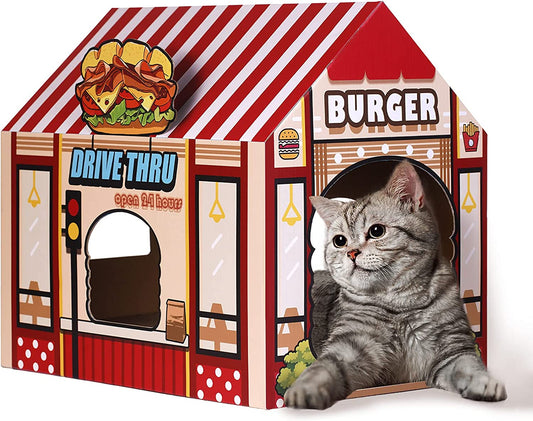 Cardboard Cat House with Scratcher/Catnip,(16.5''X12''X15'') Kitty Burger Shop for Indoor/Outdoor Cats,Cat Play House&Home Decor,Cat Scratch Toy for Cat Birthday,Hideout for Bunny&Small Animals